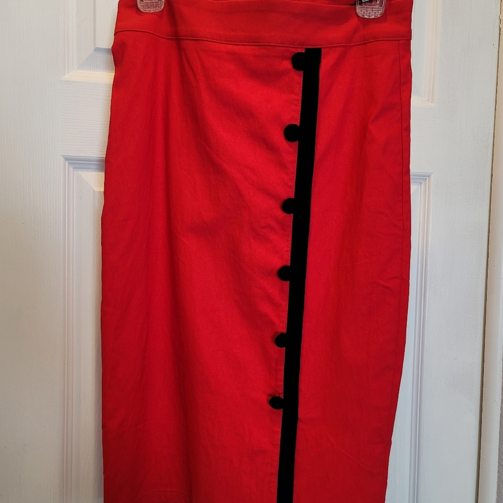 Retro Red Black Buttoned Pencil Skirt